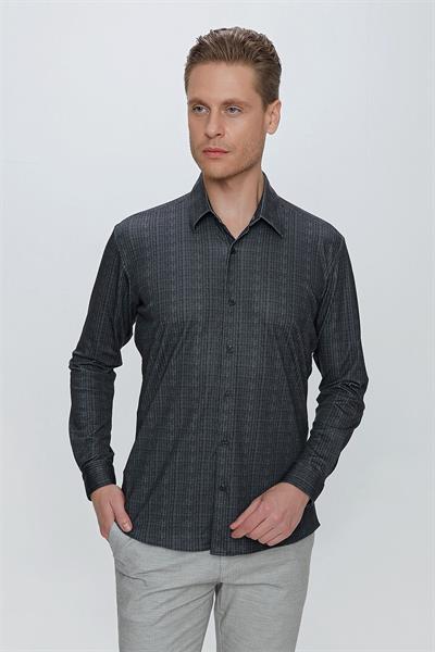Slim Fit Doku Desenli Esnek Pamuk Siyah Gömlek G 1525