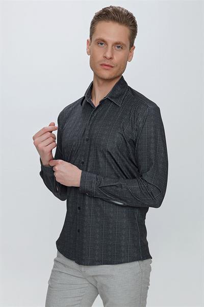 Slim Fit Doku Desenli Esnek Pamuk Siyah Gömlek G 1525