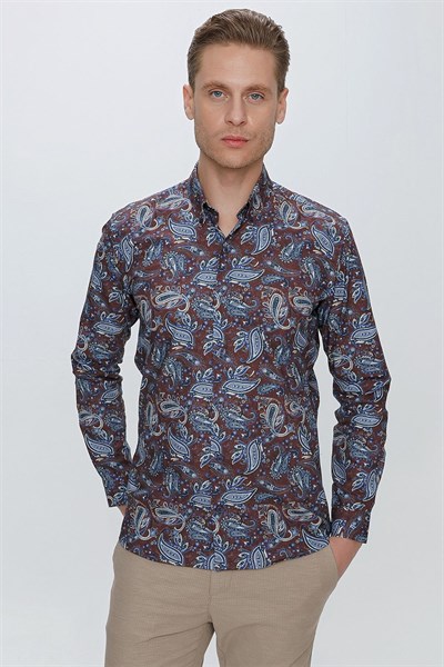 G 1531 Slim Fit Kahve Spor Gömlek