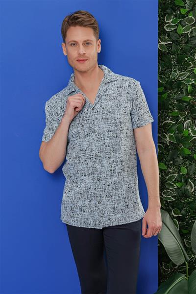 Slim Fit Yandan Cepli Apaş Yaka Kısa Kollulu Mavi Gömlek G 1535