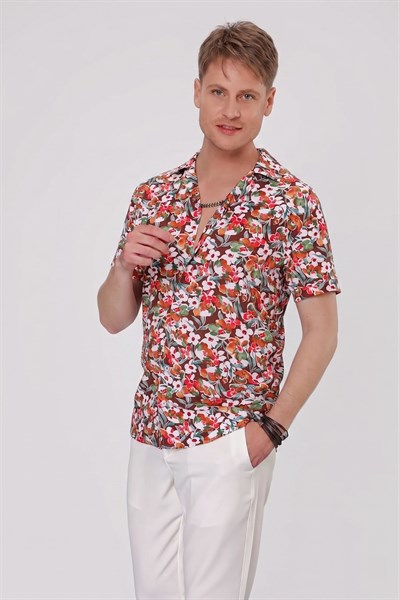 Slim Fit %100 Pamuk Çiçek Desenli Apaş Yaka Kısa Kollulu Kahverengi Gömlek G 1537