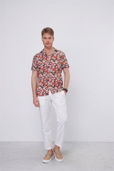 Slim Fit %100 Pamuk Çiçek Desenli Apaş Yaka Kısa Kollulu Kahverengi Gömlek G 1537
