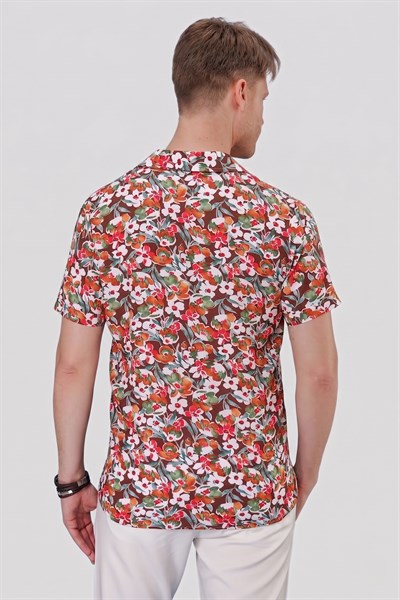 Slim Fit %100 Pamuk Çiçek Desenli Apaş Yaka Kısa Kollulu Kahverengi Gömlek G 1537