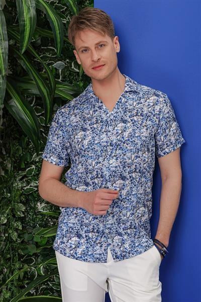 G 1538 Slim Fit Lacivert-Beyaz Klasik Gömlek