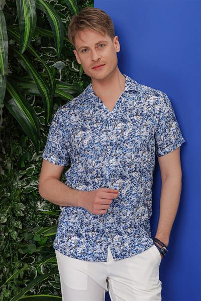 Slim Fit %100 Pamuk Dal Desenli Apaş Yaka Kısa Kollulu Lacivert Beyaz Gömlek G 1538