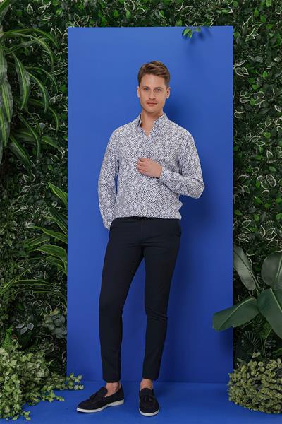 Slim Fit %100 Pamuk Damla Desenli Yaka Düğmeli Beyaz Gömlek G 1539