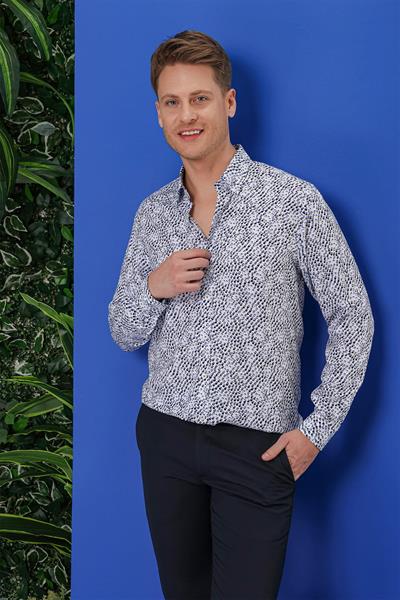 Slim Fit %100 Pamuk Damla Desenli Yaka Düğmeli Beyaz Gömlek G 1539