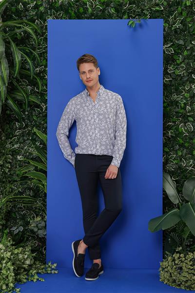 Slim Fit %100 Pamuk Damla Desenli Yaka Düğmeli Beyaz Gömlek G 1539