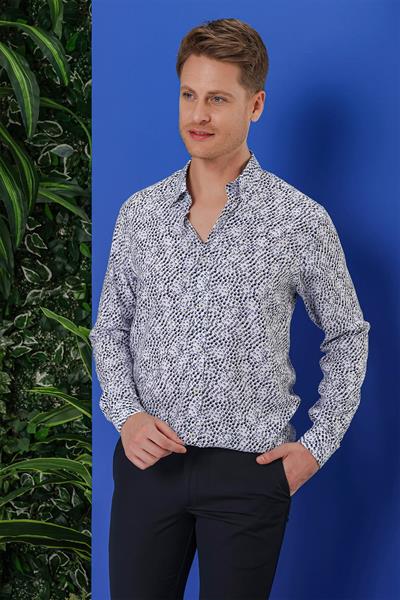 Slim Fit %100 Pamuk Damla Desenli Yaka Düğmeli Beyaz Gömlek G 1539