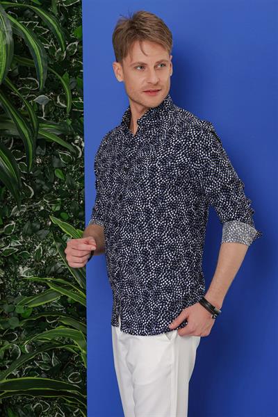 Slim Fit %100 Pamuk Damla Desenli Yaka Düğmeli Siyah Gömlek G 1539