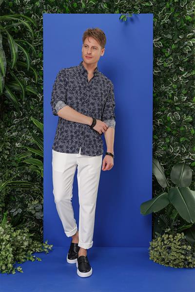 Slim Fit %100 Pamuk Damla Desenli Yaka Düğmeli Siyah Gömlek G 1539