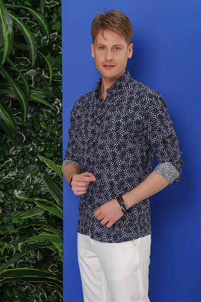 Slim Fit %100 Pamuk Damla Desenli Yaka Düğmeli Siyah Gömlek G 1539
