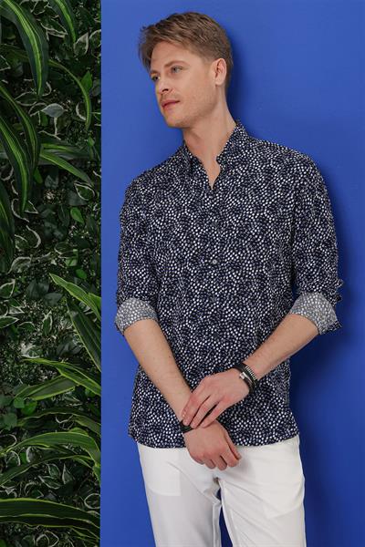 Slim Fit %100 Pamuk Damla Desenli Yaka Düğmeli Siyah Gömlek G 1539