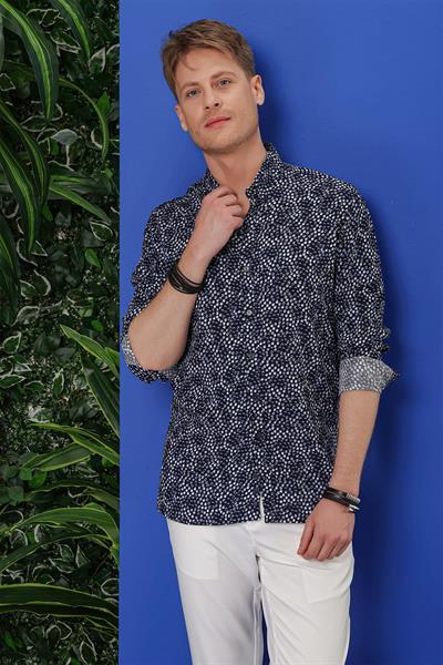 Slim Fit %100 Pamuk Damla Desenli Yaka Düğmeli Siyah Gömlek G 1539