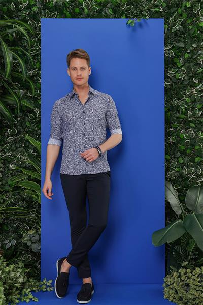 Slim Fit %100 Pamuk Desenli Lacivert Gömlek G 1541