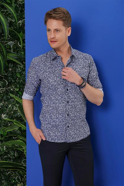 Slim Fit %100 Pamuk Desenli Lacivert Gömlek G 1541