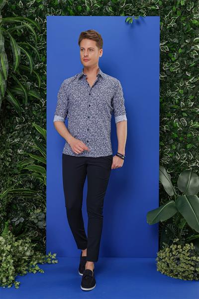 Slim Fit %100 Pamuk Desenli Lacivert Gömlek G 1541