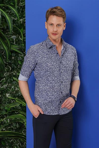 Slim Fit %100 Pamuk Desenli Lacivert Gömlek G 1541