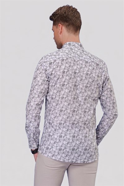 Slim Fit %100 Pamuk Çiçek Desenli Düğmeli Yaka Gri Gömlek G 1542