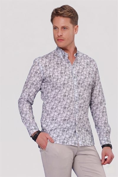 Slim Fit %100 Pamuk Çiçek Desenli Düğmeli Yaka Gri Gömlek G 1542