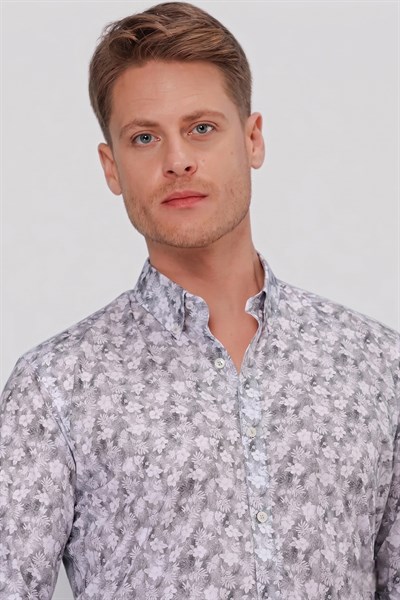 Slim Fit %100 Pamuk Çiçek Desenli Düğmeli Yaka Gri Gömlek G 1542