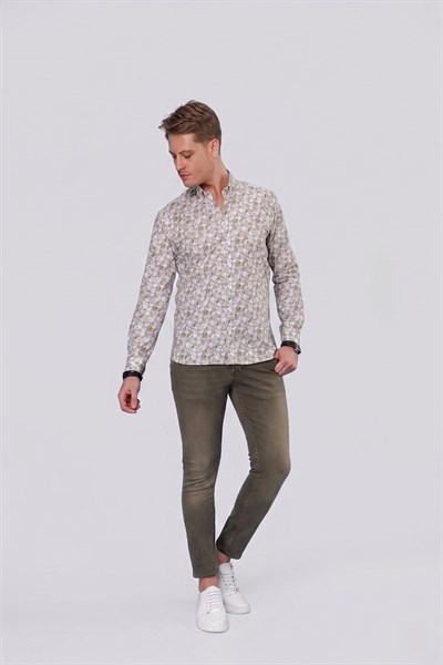 Slim Fit %100 Pamuk Çiçek Desenli Düğmeli Yaka Haki Gömlek G 1542