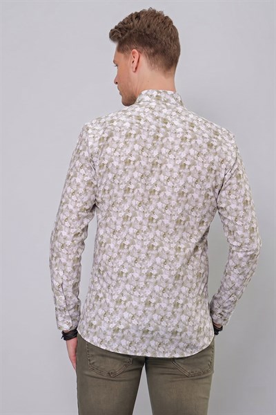Slim Fit %100 Pamuk Çiçek Desenli Düğmeli Yaka Haki Gömlek G 1542