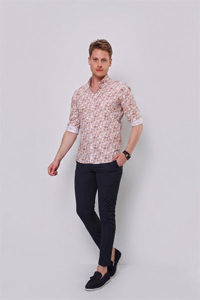 Slim Fit %100 Pamuk Çiçek Desenli Düğmeli Yaka Taba Gömlek G 1542