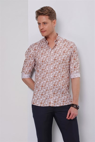 Slim Fit %100 Pamuk Çiçek Desenli Düğmeli Yaka Taba Gömlek G 1542