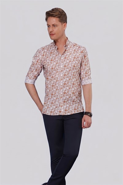 Slim Fit %100 Pamuk Çiçek Desenli Düğmeli Yaka Taba Gömlek G 1542