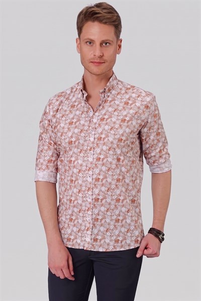 Slim Fit %100 Pamuk Çiçek Desenli Düğmeli Yaka Taba Gömlek G 1542