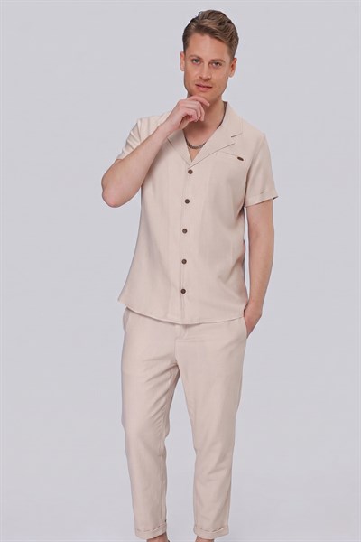 Slim Fit Keten Karışımlı Apaş Yaka Bej Gömlek G 1549