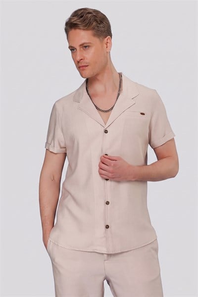 Slim Fit Keten Karışımlı Apaş Yaka Bej Gömlek G 1549