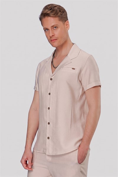 Slim Fit Keten Karışımlı Apaş Yaka Bej Gömlek G 1549