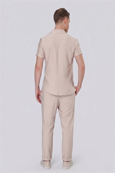 Slim Fit Keten Karışımlı Apaş Yaka Bej Gömlek G 1549