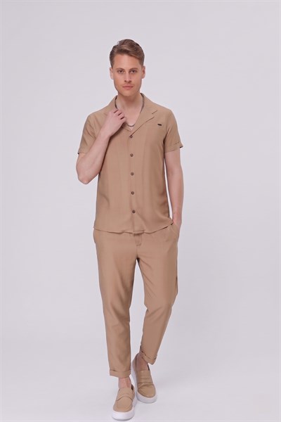 Slim Fit Keten Karışımlı Apaş Yaka Camel Gömlek G 1549