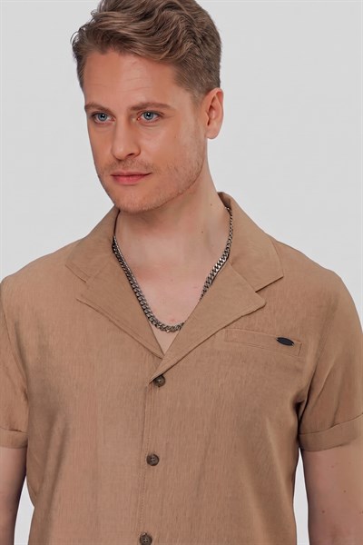 Slim Fit Keten Karışımlı Apaş Yaka Camel Gömlek G 1549