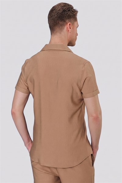 Slim Fit Keten Karışımlı Apaş Yaka Camel Gömlek G 1549