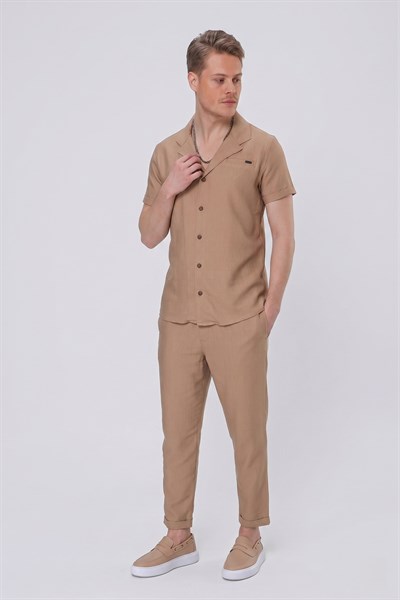 Slim Fit Keten Karışımlı Apaş Yaka Camel Gömlek G 1549