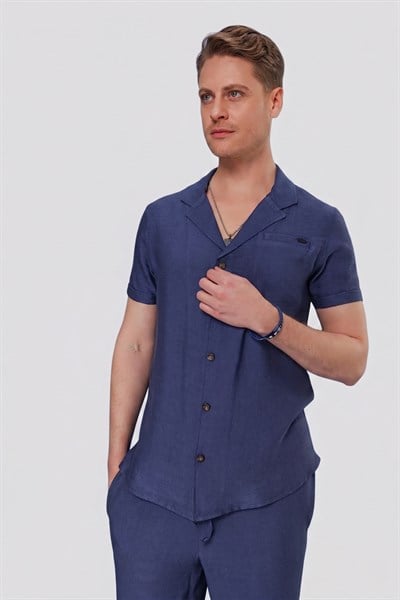 Slim Fit Keten Karışımlı Apaş Yaka İndigo Gömlek G 1549