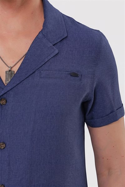 Slim Fit Keten Karışımlı Apaş Yaka İndigo Gömlek G 1549