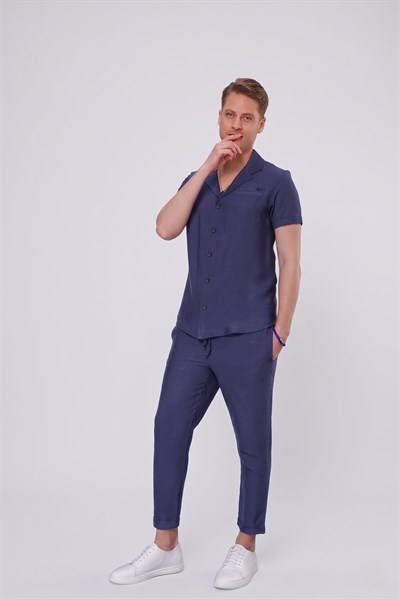 Slim Fit Keten Karışımlı Apaş Yaka İndigo Gömlek G 1549