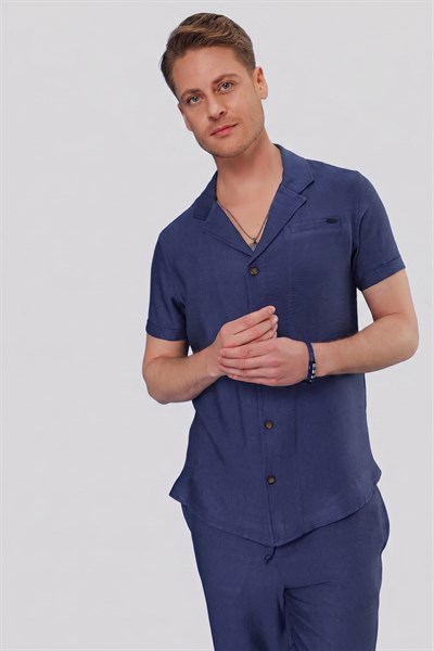 Slim Fit Keten Karışımlı Apaş Yaka İndigo Gömlek G 1549