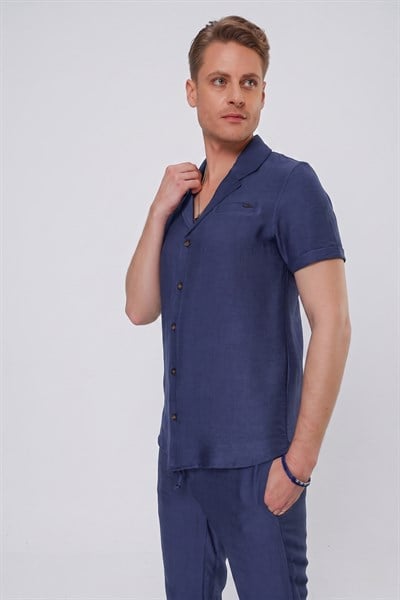 Slim Fit Keten Karışımlı Apaş Yaka İndigo Gömlek G 1549