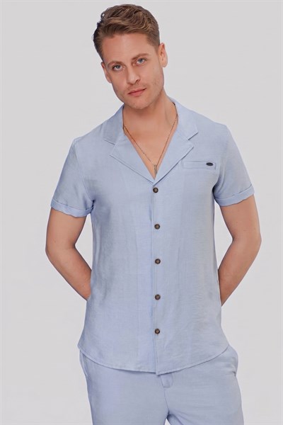 Slim Fit Keten Karışımlı Apaş Yaka Mavi Gömlek G 1549