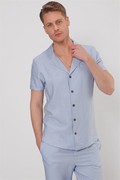 Slim Fit Keten Karışımlı Apaş Yaka Mavi Gömlek G 1549