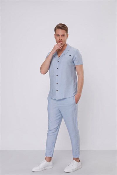 Slim Fit Keten Karışımlı Apaş Yaka Mavi Gömlek G 1549