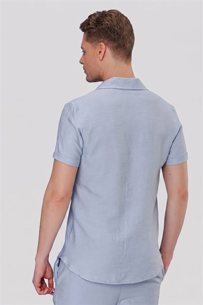 Slim Fit Keten Karışımlı Apaş Yaka Mavi Gömlek G 1549