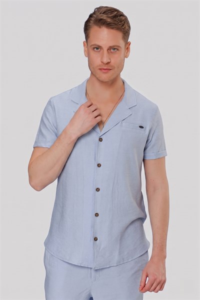 Slim Fit Keten Karışımlı Apaş Yaka Mavi Gömlek G 1549