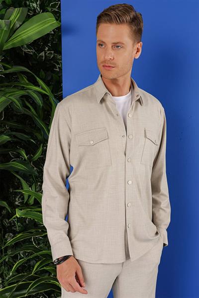 G 1552 Slim Fit Bej Klasik Gömlek